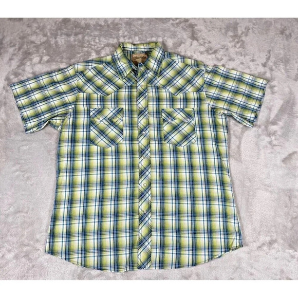 Wrangler Other - Wrangler Mens Western Cowboy Shirt Green Plaid Short Sleeve Pocket Pearl Snap L